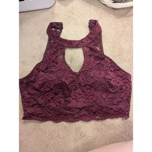 City‎ Triangles Burgundy Floral Lace Keyhole Halter Crop Top Size 15 Plum Zipper